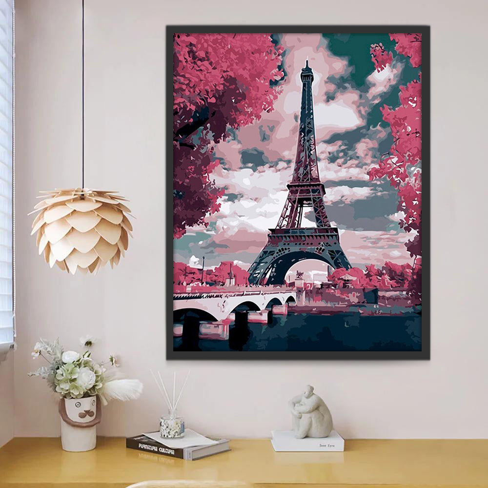 Torre Eiffel y Puente y Árboles Rojos Pintar por Números