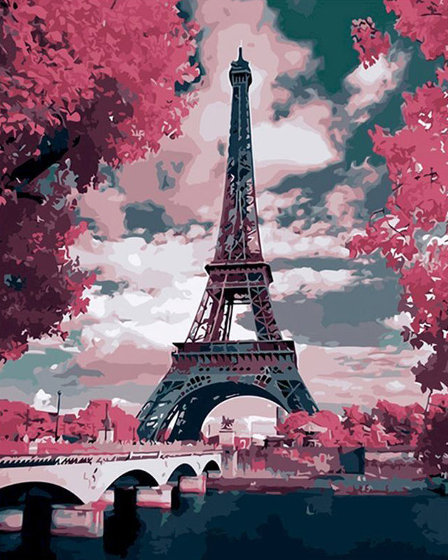 Torre Eiffel y Puente y Árboles Rojos Pintar por Números