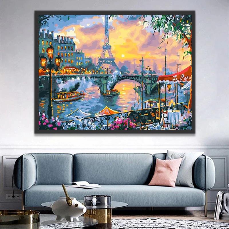 Torre Eiffel y Puente y Puesta del Sol Pintar por Números