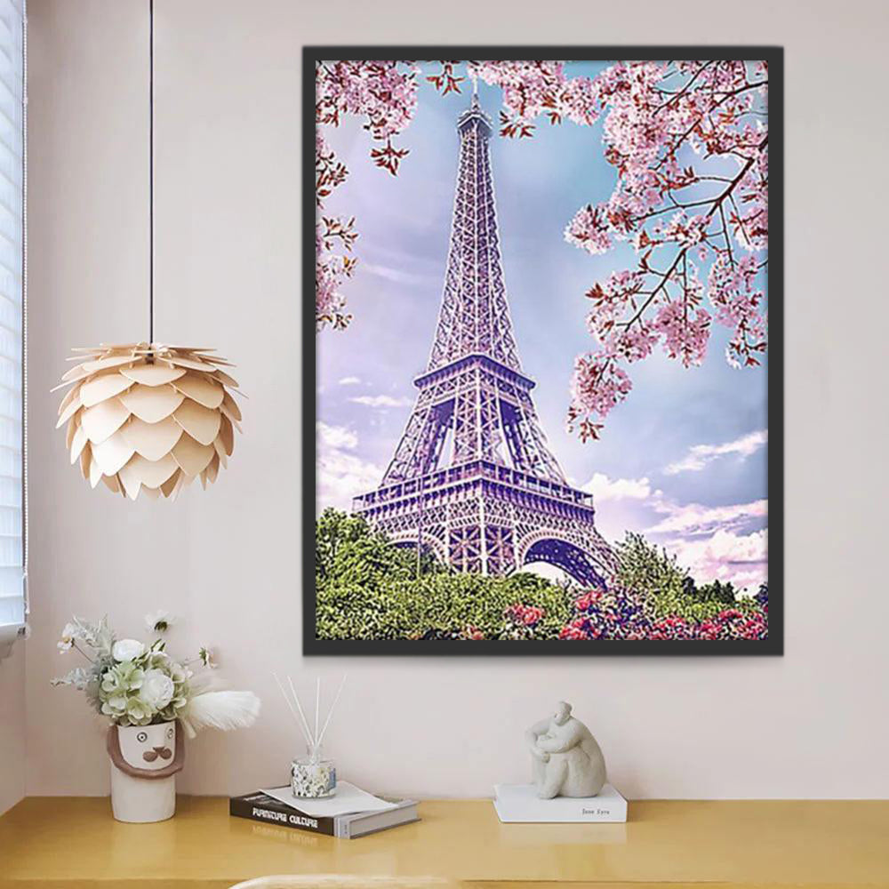 Torre Eiffel y Ramas de Flores Rosadas Pintar por Números