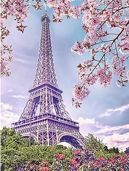 Torre Eiffel y Ramas de Flores Rosadas Pintar por Números