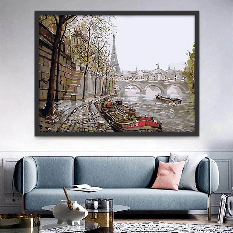 Torre Eiffel y Río con Barcos y Puente Pintar por Números