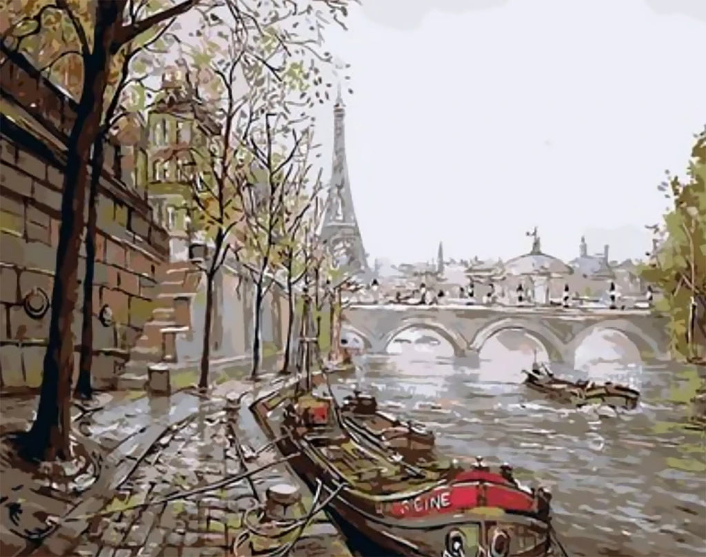 Torre Eiffel y Río con Barcos y Puente Pintar por Números