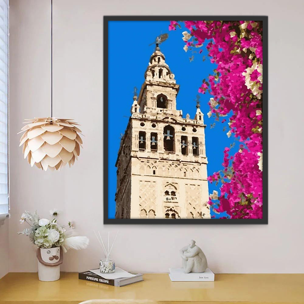 Torre y Flores Moradas en el Fondo Azul Pintar por Números
