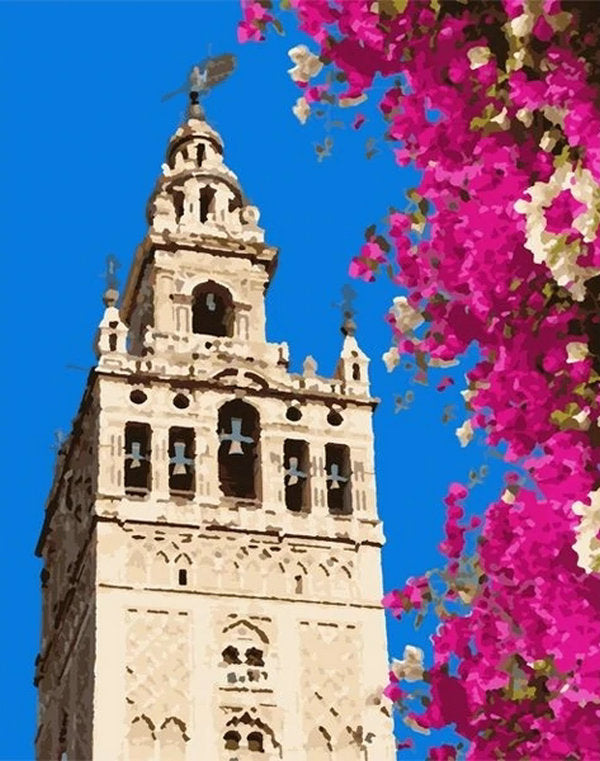 Torre y Flores Moradas en el Fondo Azul Pintar por Números