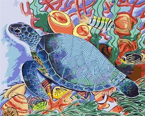 Tortuga Azul y Peces en los Corales Rojos Pintar por Números