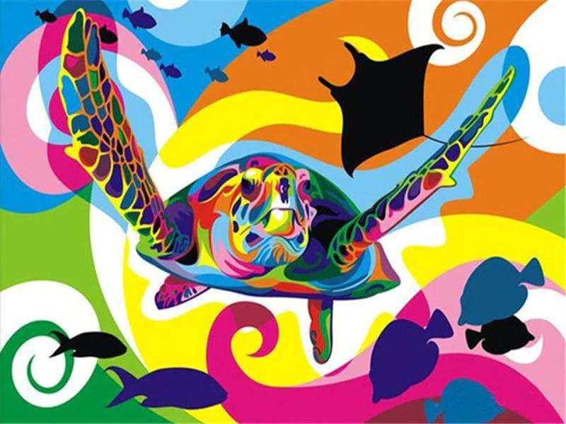 Tortuga Colorida y Siluetas de Animales Marinos con Fondo en Color Pintar por Números