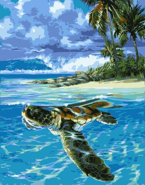 Tortuga en el Mar y Cocotero en la Playa Pintar por Números