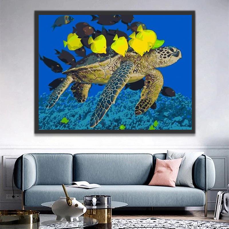 Tortuga Llevando Peces Amarillos y Negros sobre Su Concha Pintar por Números