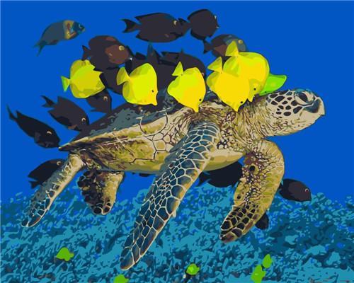 Tortuga Llevando Peces Amarillos y Negros sobre Su Concha Pintar por Números