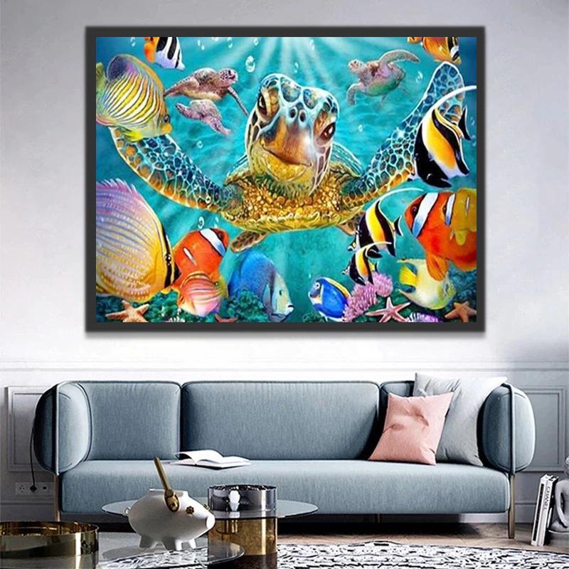 Tortuga Marina Rodeada de Peces Pintar por Números