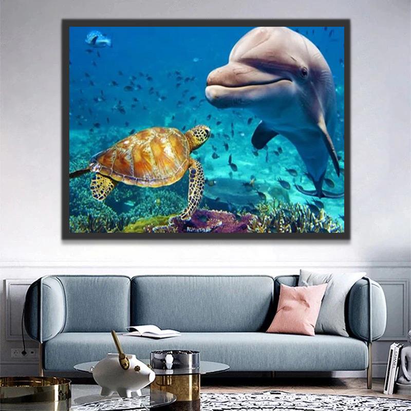 Tortuga y Delfín en el Fondo Marino Pintar por Números