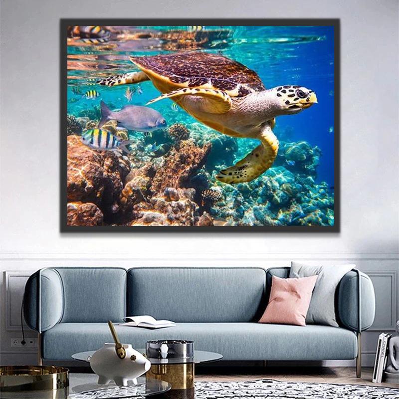 Tortuga y Peces sobre Arrecife de Coral Pintar por Números