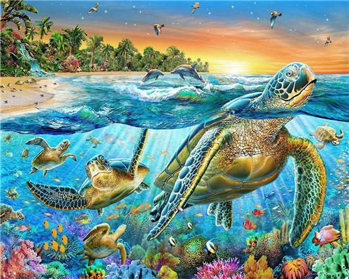 Tortugas en el Fondo Marino y Delfines Fuera del Agua Pintar por Números
