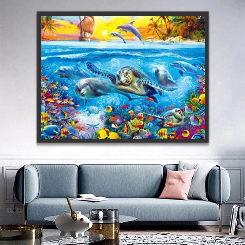 Tortugas y Delfines y Peces en el Mar y Barco a Vela Pintar por Números