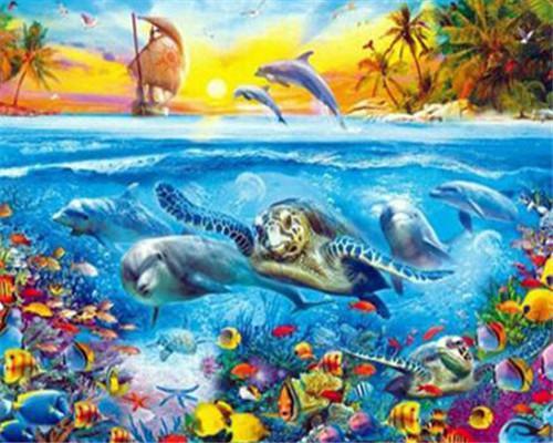 Tortugas y Delfines y Peces en el Mar y Barco a Vela Pintar por Números