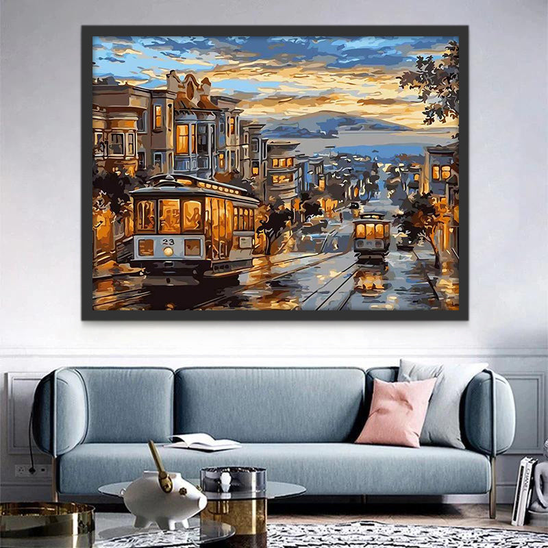 Tranvías en la Ciudad con la Puesta del Sol Pintar por Números