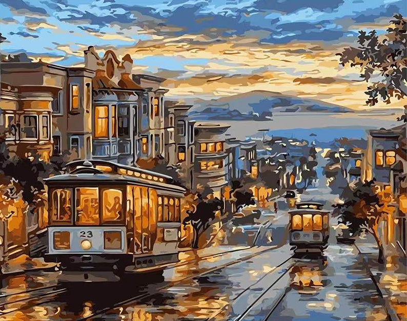 Tranvías en la Ciudad con la Puesta del Sol Pintar por Números