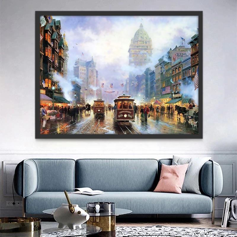 Tranvías y Peatón en la Calle con Niebla Pintar por Números