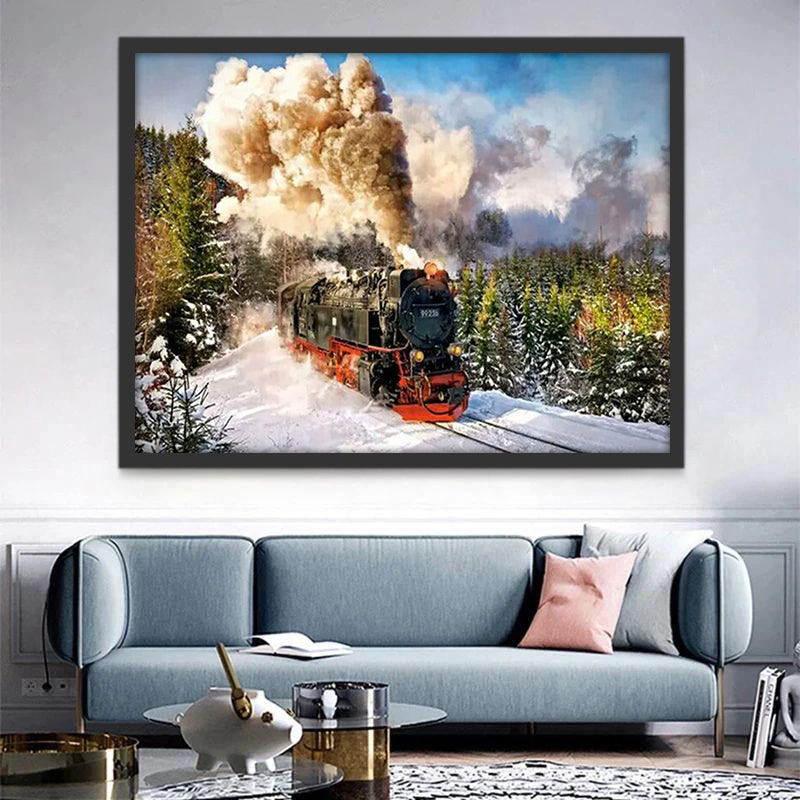 Tren con Humo en el Bosque Invernal Pintar por Números
