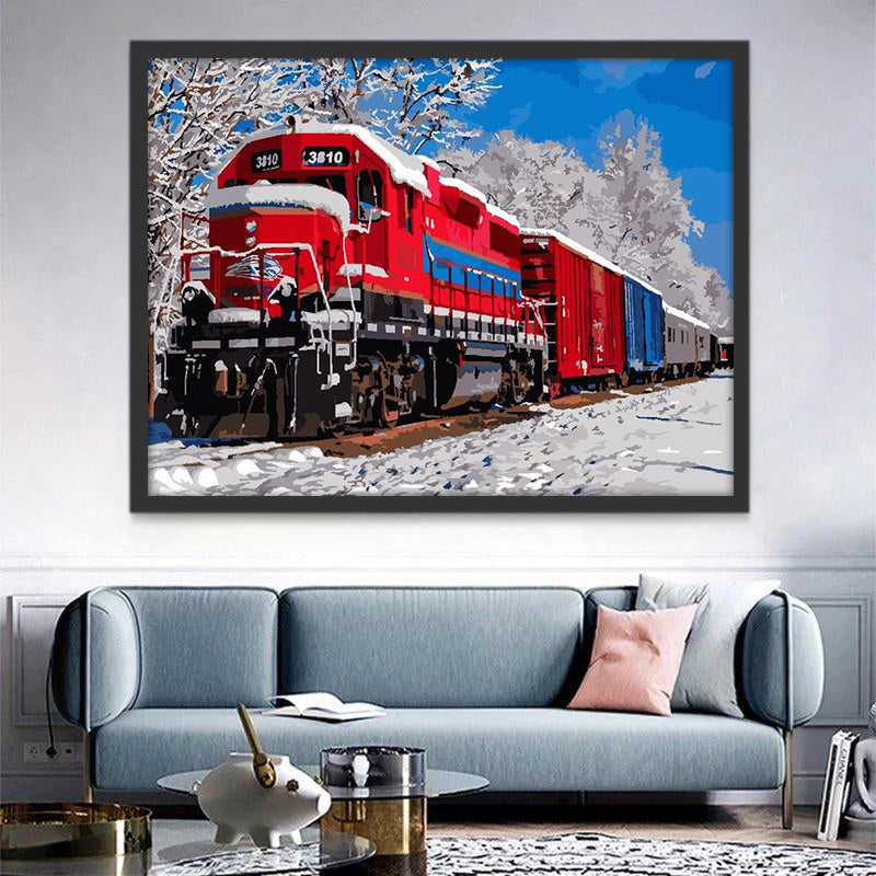 Tren Rojo en el Bosque Nevado Pintar por Números