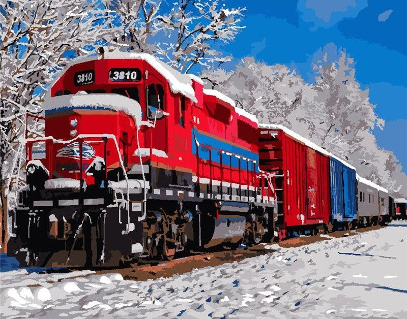 Tren Rojo en el Bosque Nevado Pintar por Números