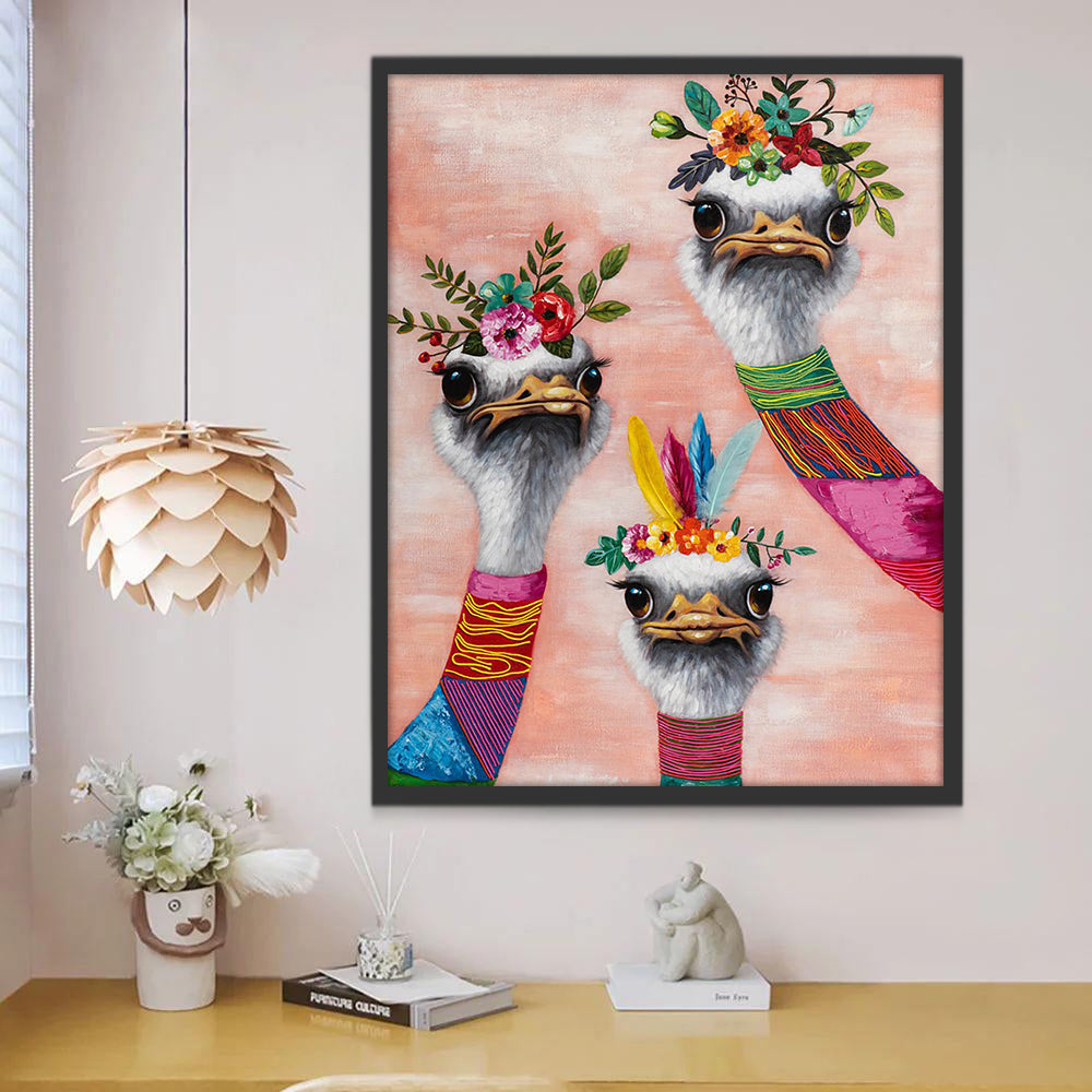 Tres Avestruces con Corona de Flores Pintar por Números