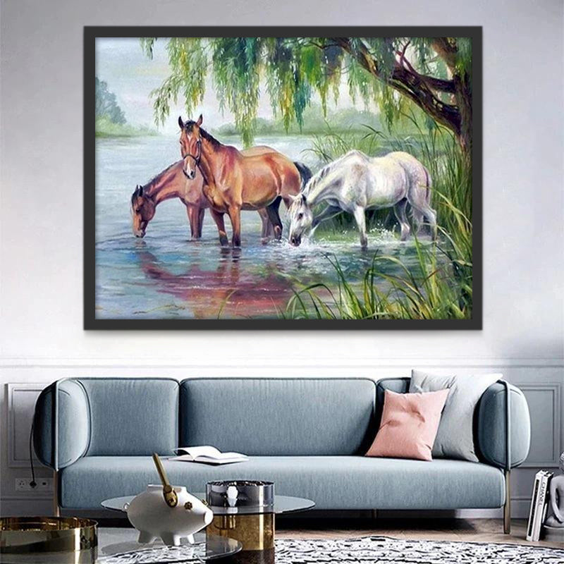 Tres Caballos Bebiendo Agua Bajo Árbol Pintar por Números