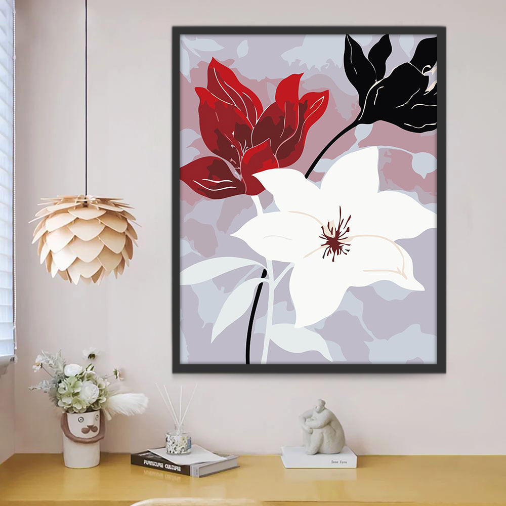 Tres Flores de Color Negro y Blanco y Rojo Pintar por Números