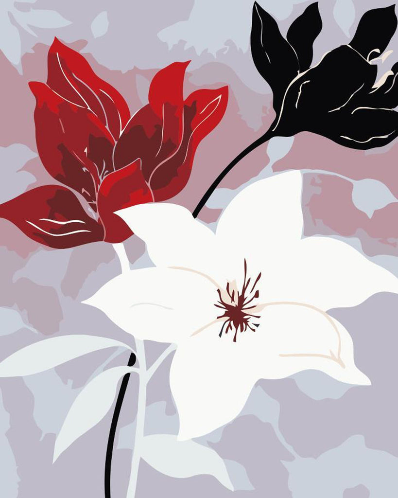 Tres Flores de Color Negro y Blanco y Rojo Pintar por Números