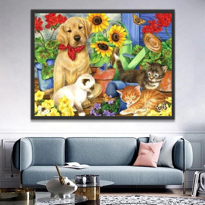 Tres Gatos y Un Perro y Macetas de Flores Pintar por Números