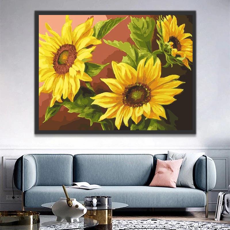 Tres Girasoles con Fondo Rojo Degradado Pintar por Números