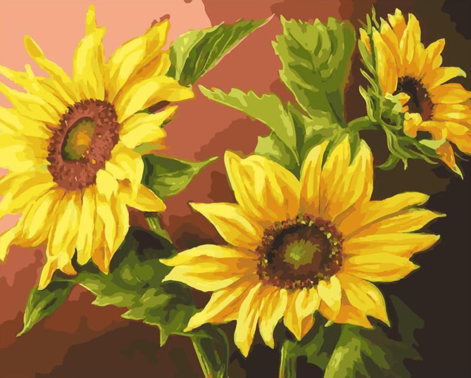 Tres Girasoles con Fondo Rojo Degradado Pintar por Números