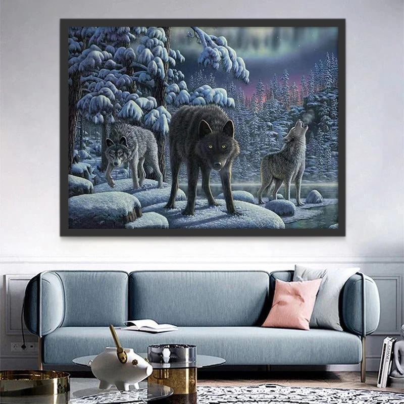 Tres Lobos en Bosque Nevado Pintar por Números