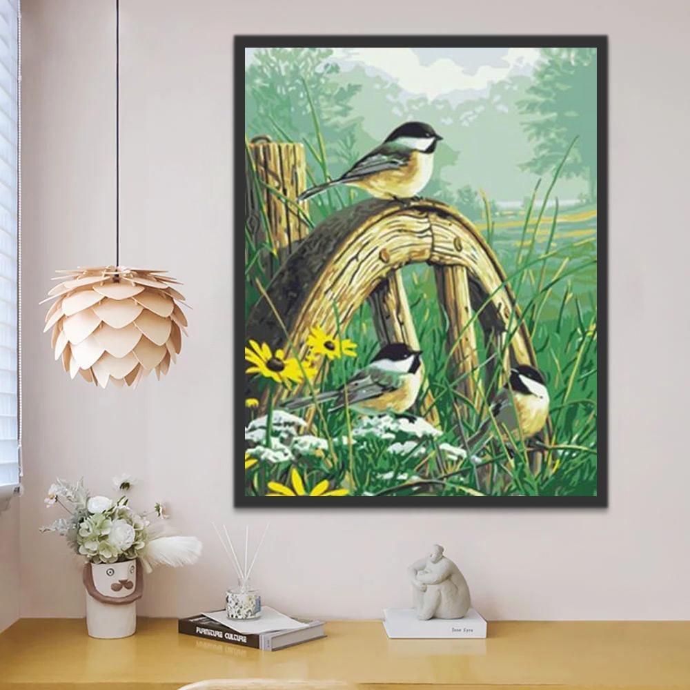 Tres Pajaritos Lindos en Césped Pintar por Números