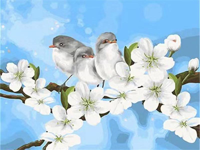 Tres Pajaritos Parados sobre Rama de Flores Blancas Pintar por Números