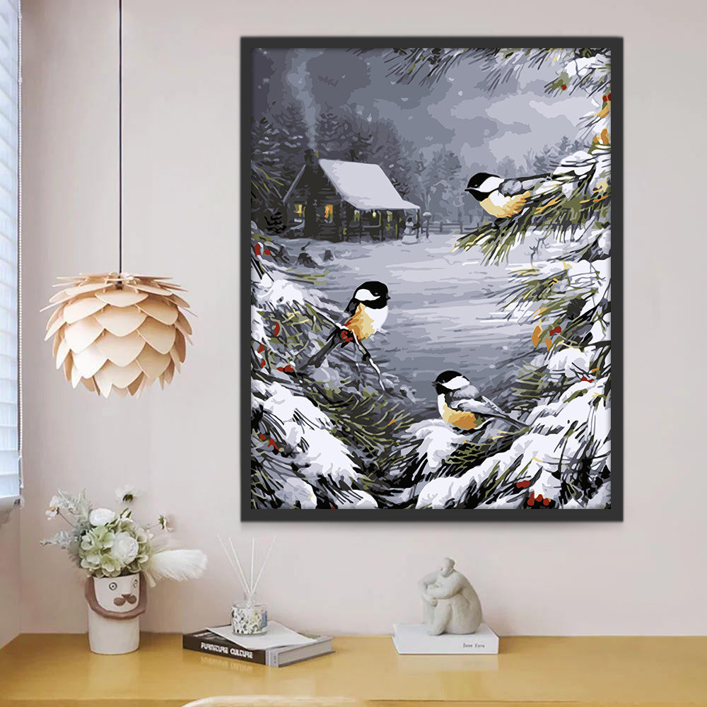 Tres Pájaros en Árboles Invernales Pintar por Números