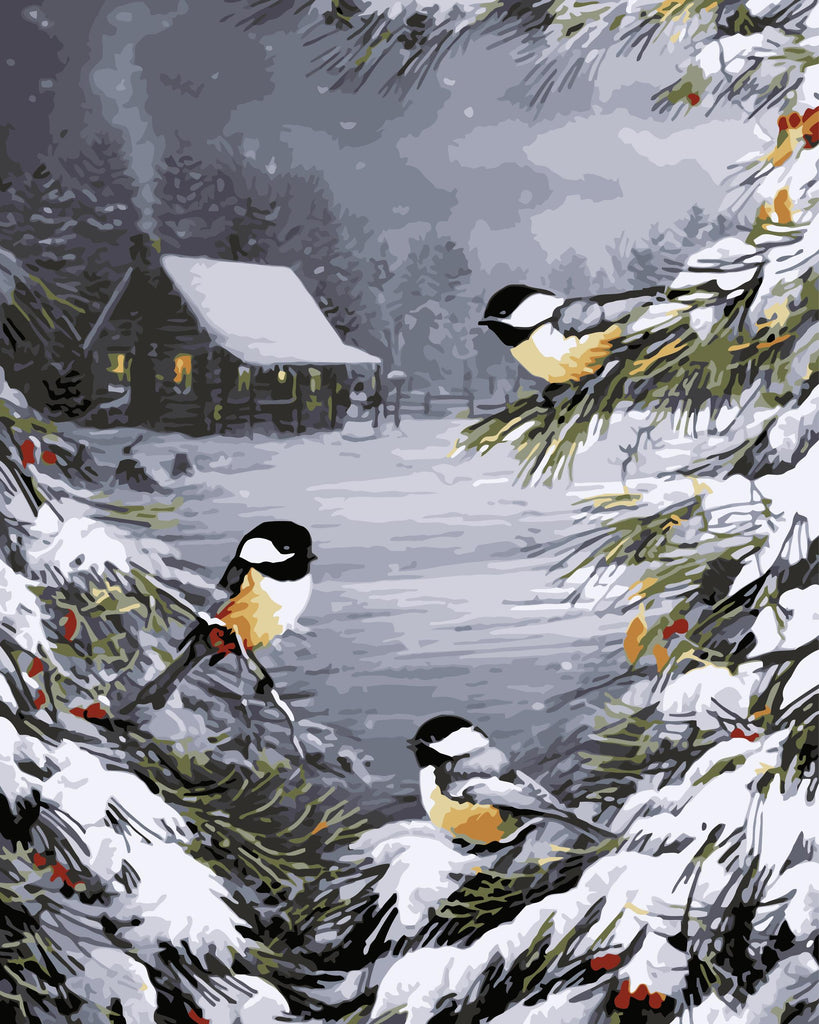 Tres Pájaros en Árboles Invernales Pintar por Números