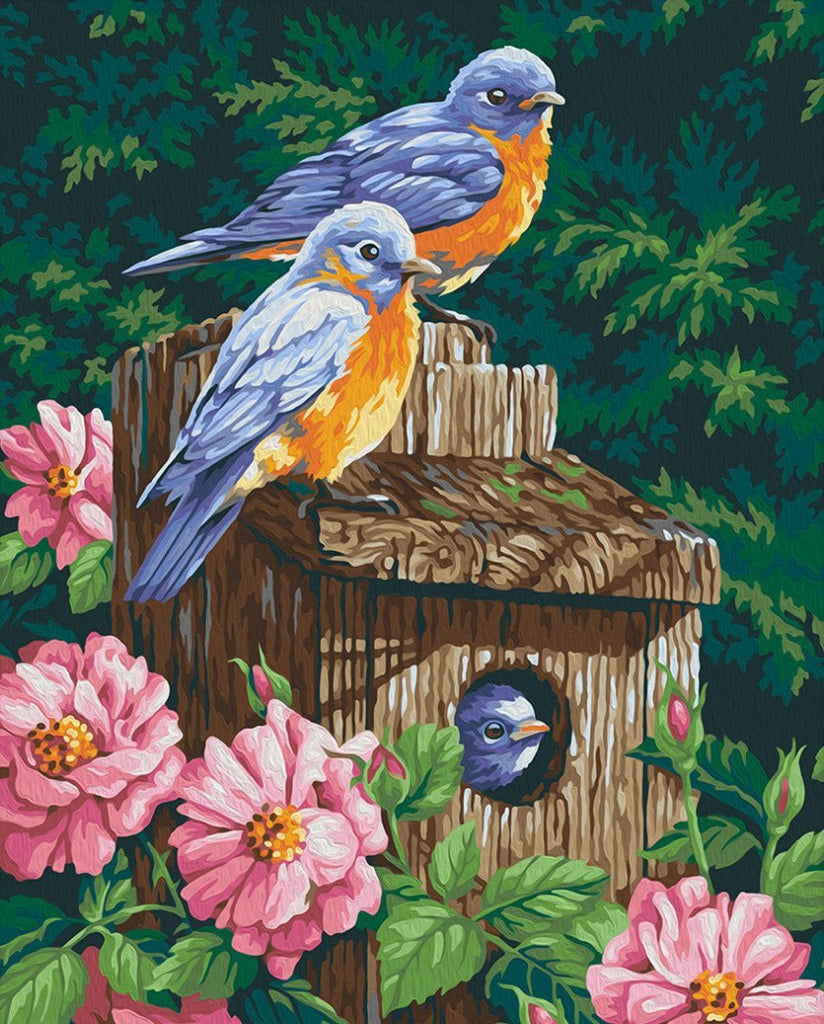 Tres Pájaros Lindos y Flores Rosas Pintar por Números