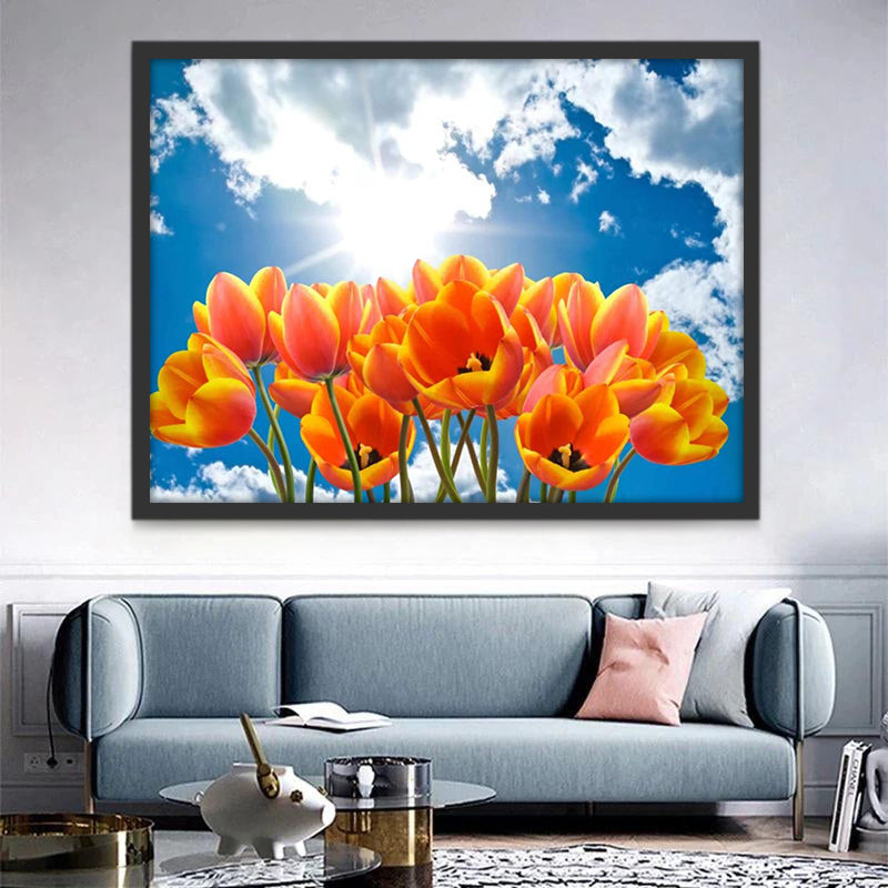 Tulipanes Anaranjados y Nubes Blancas Pintar por Números