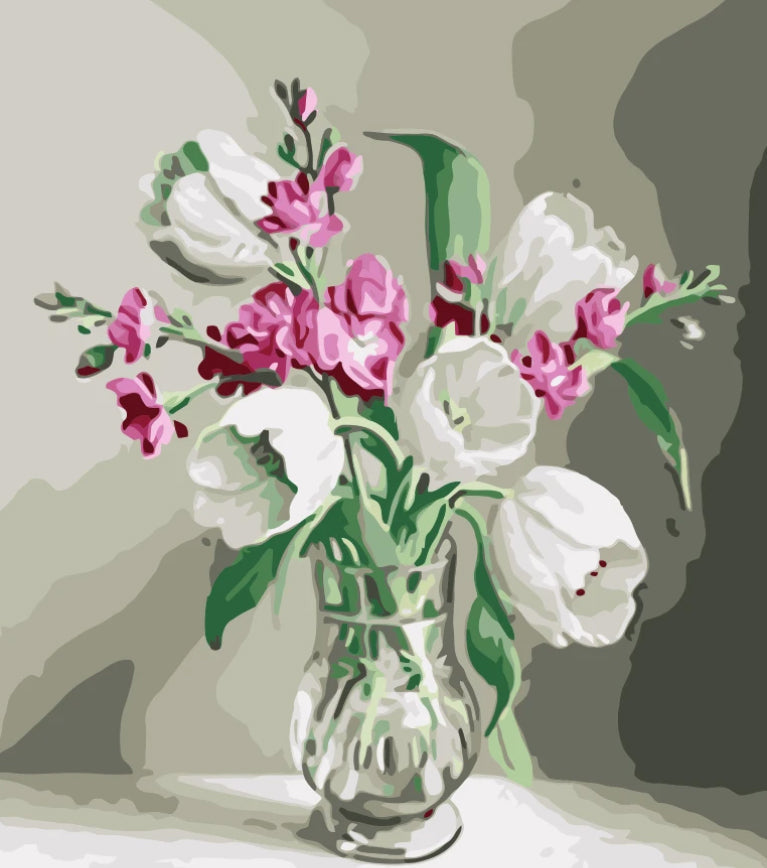 Tulipanes Blancos y Flores Moradas en Florero de Vidrio Pintar por Números