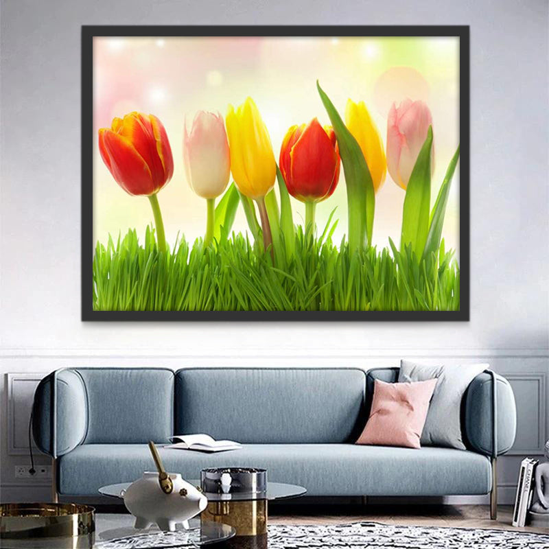 Tulipanes Coloridos y Césped Verde Pintar por Números