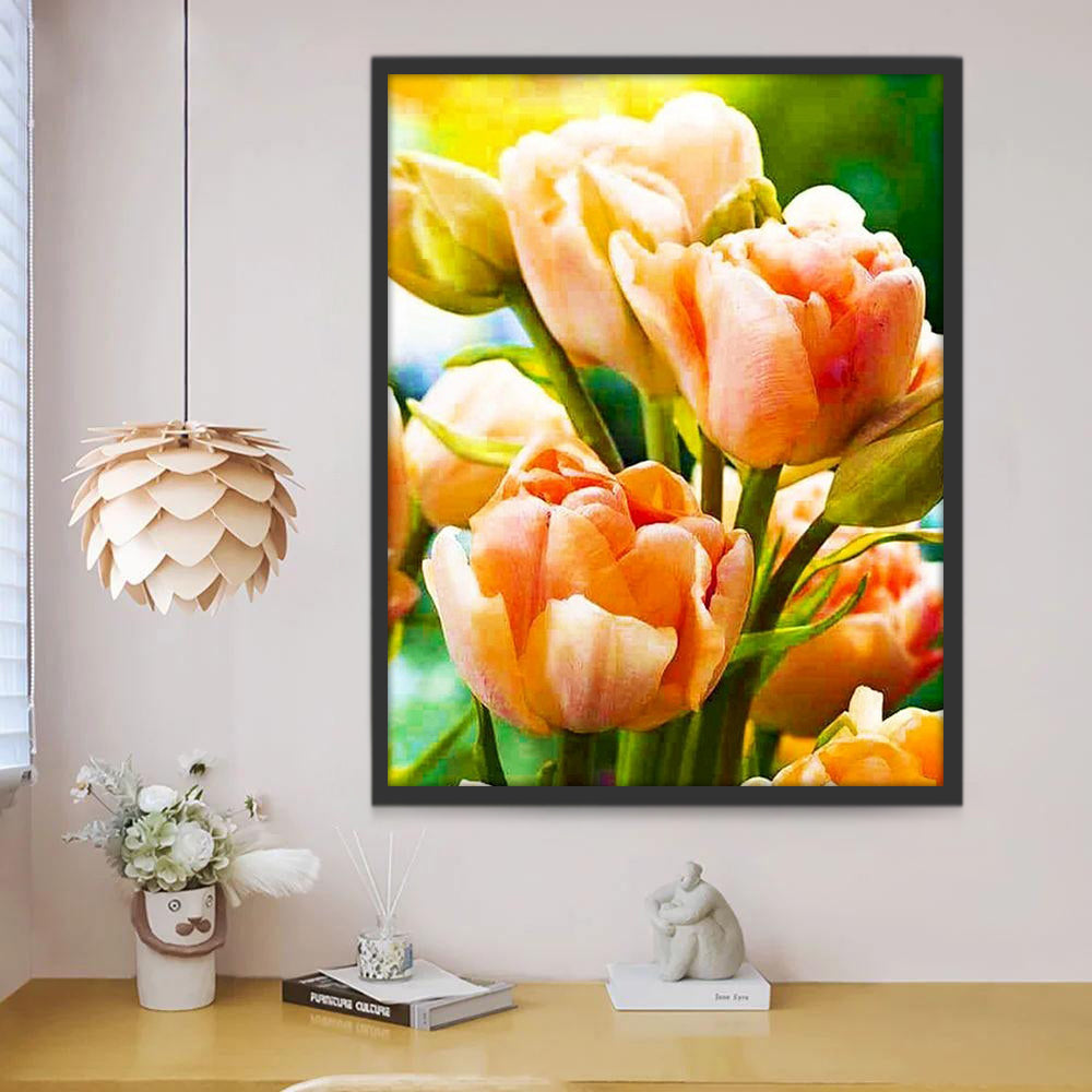 Tulipanes de Color Anaranjado con Hojas Verdes Pintar por Números