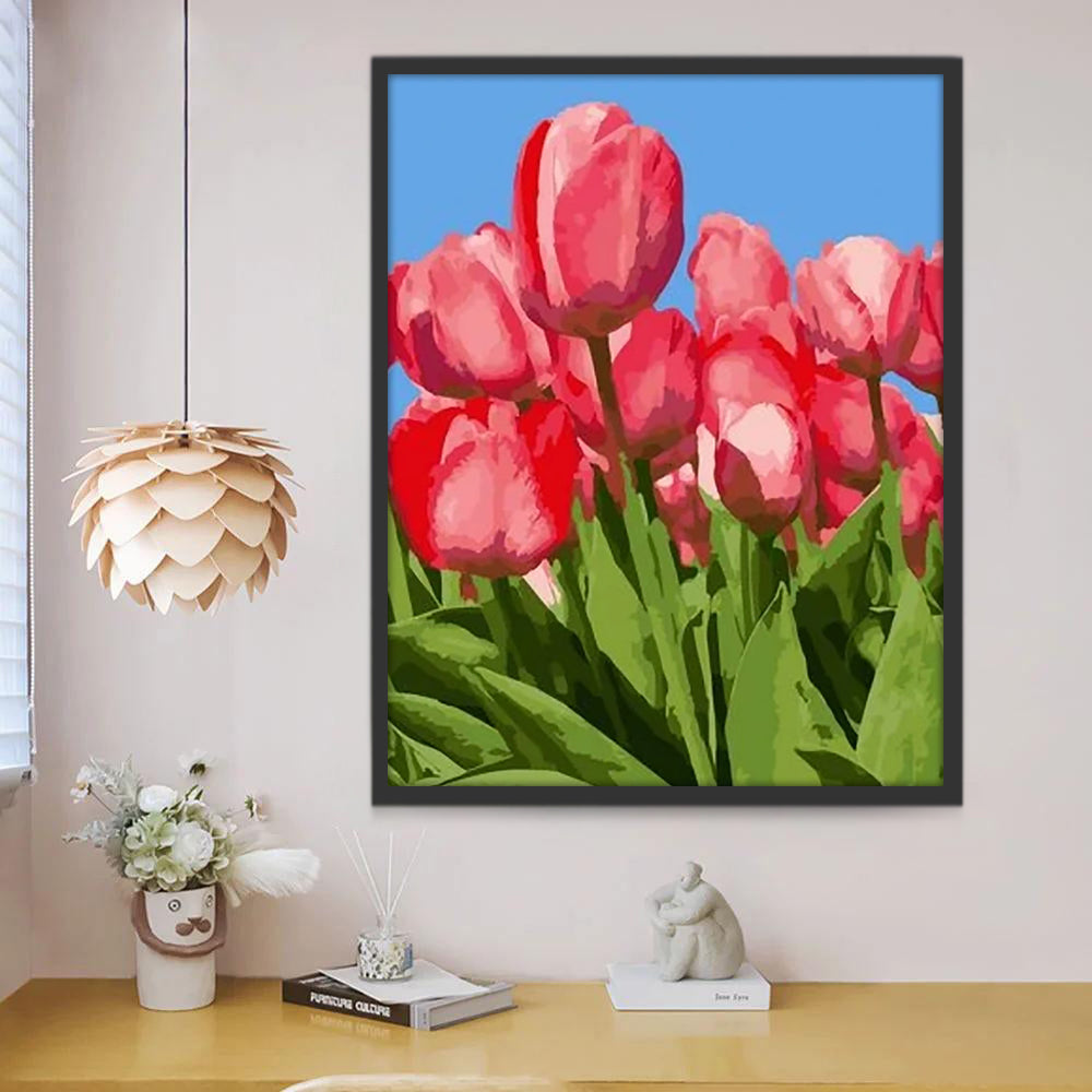 Tulipanes de Color Rojo con Hojas Verdes Pintar por Números
