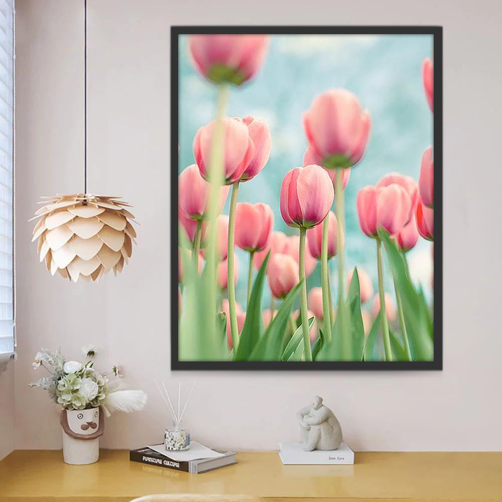 Tulipanes de Color Rosado con Cielo Azul Pintar por Números