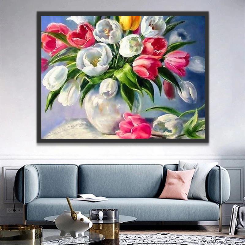 Tulipanes de Colores Diferentes en Jarrón Blanco de Porcelana Pintar por Números