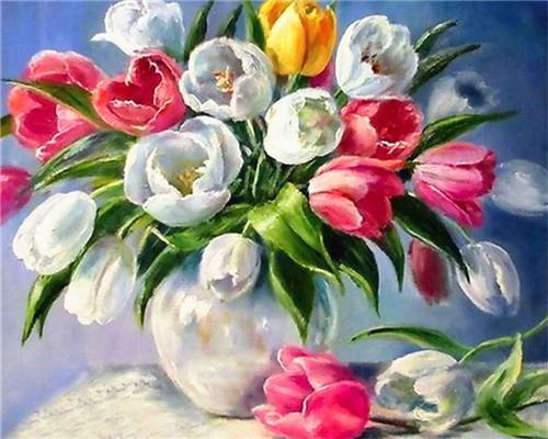Tulipanes de Colores Diferentes en Jarrón Blanco de Porcelana Pintar por Números