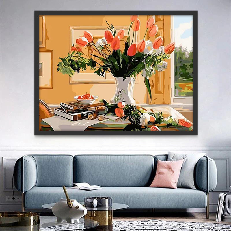 Tulipanes en Florero Blanco sobre Mesa Pintar por Números