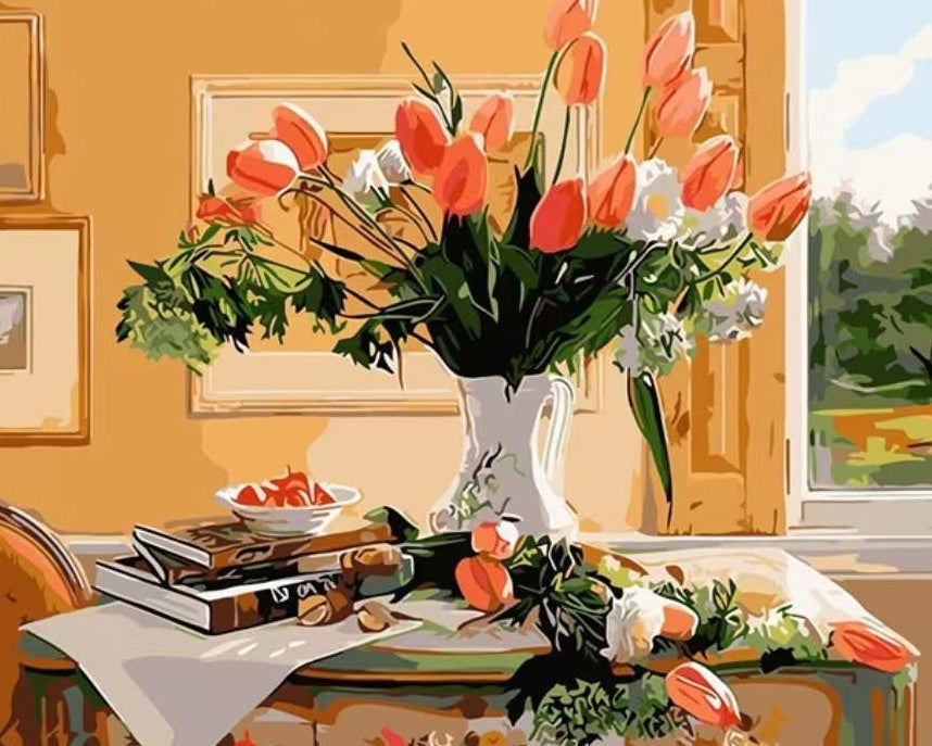 Tulipanes en Florero Blanco sobre Mesa Pintar por Números