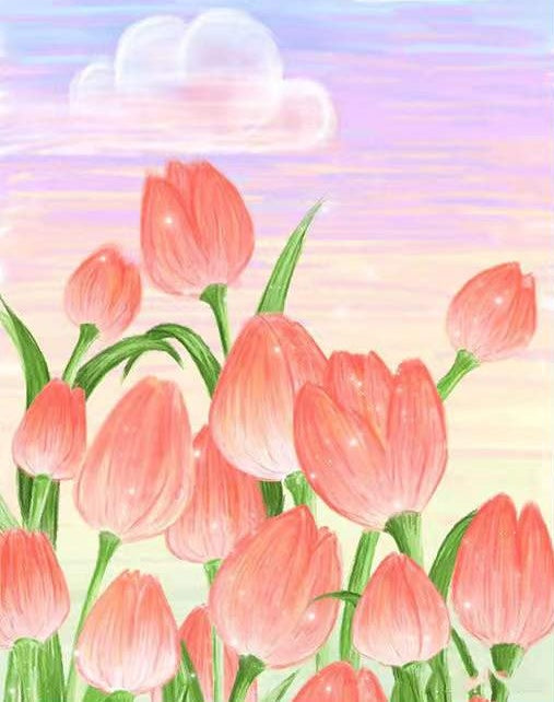 Tulipanes Hermosos con Cielo Morado Pintar por Números
